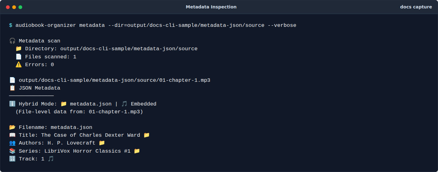 Verbose metadata command output showing source, title, author, series, track, album, and additional fields